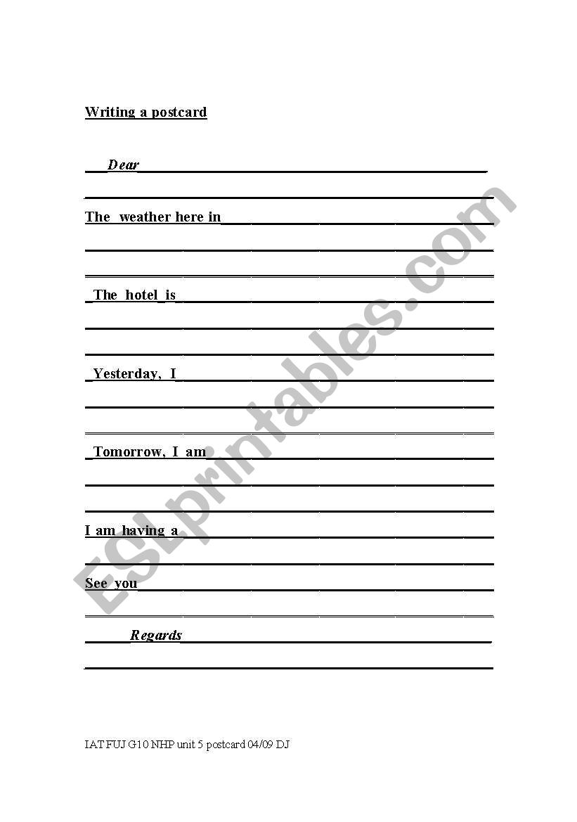 English worksheets writing a postcard