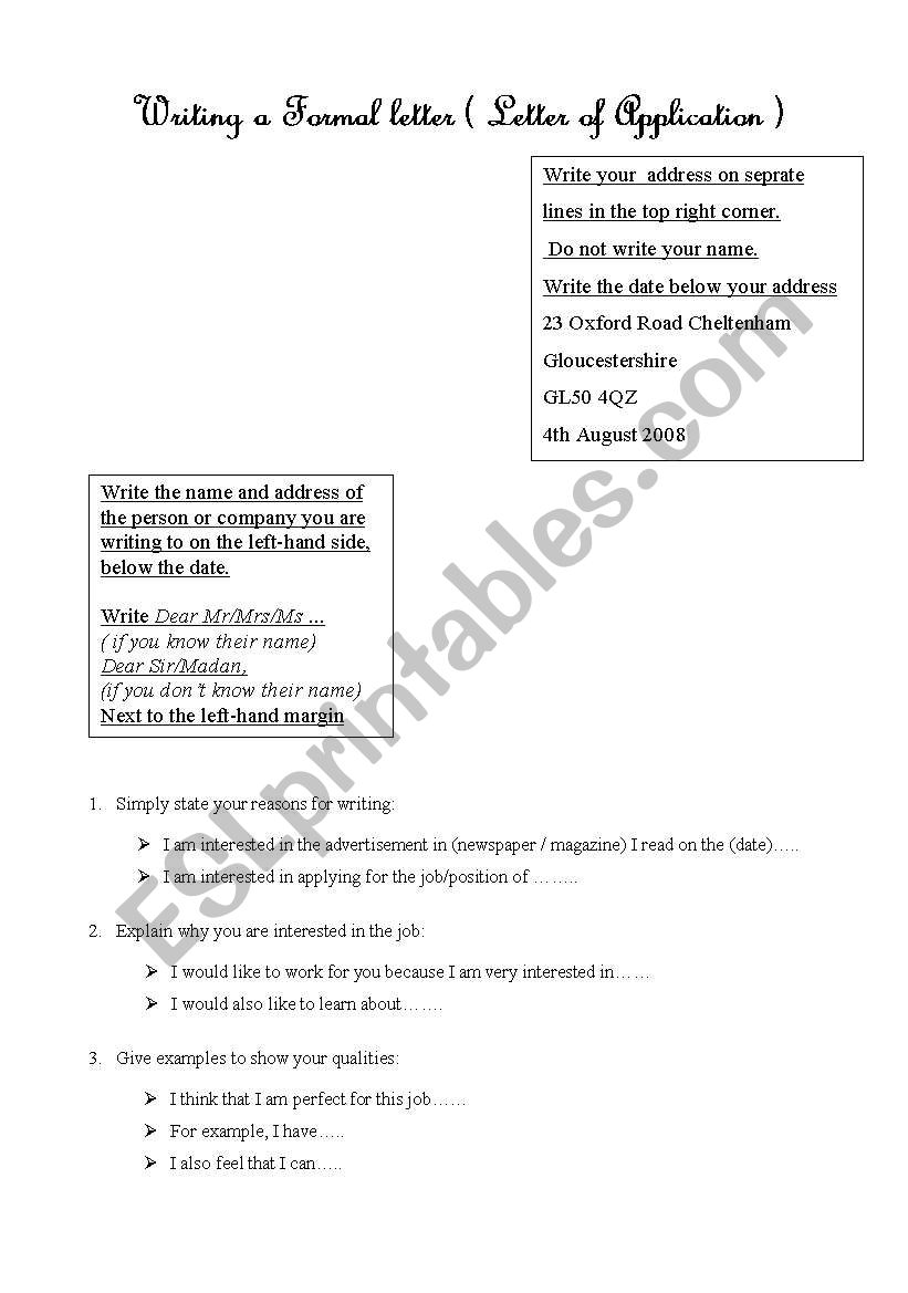 Letter of Application worksheet