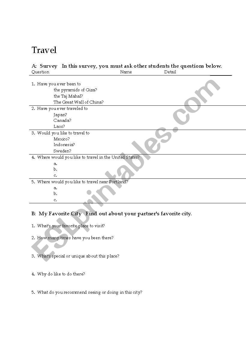 Travel Survey worksheet