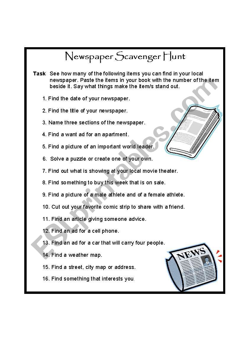 Newspaper Scavenger Hunt worksheet