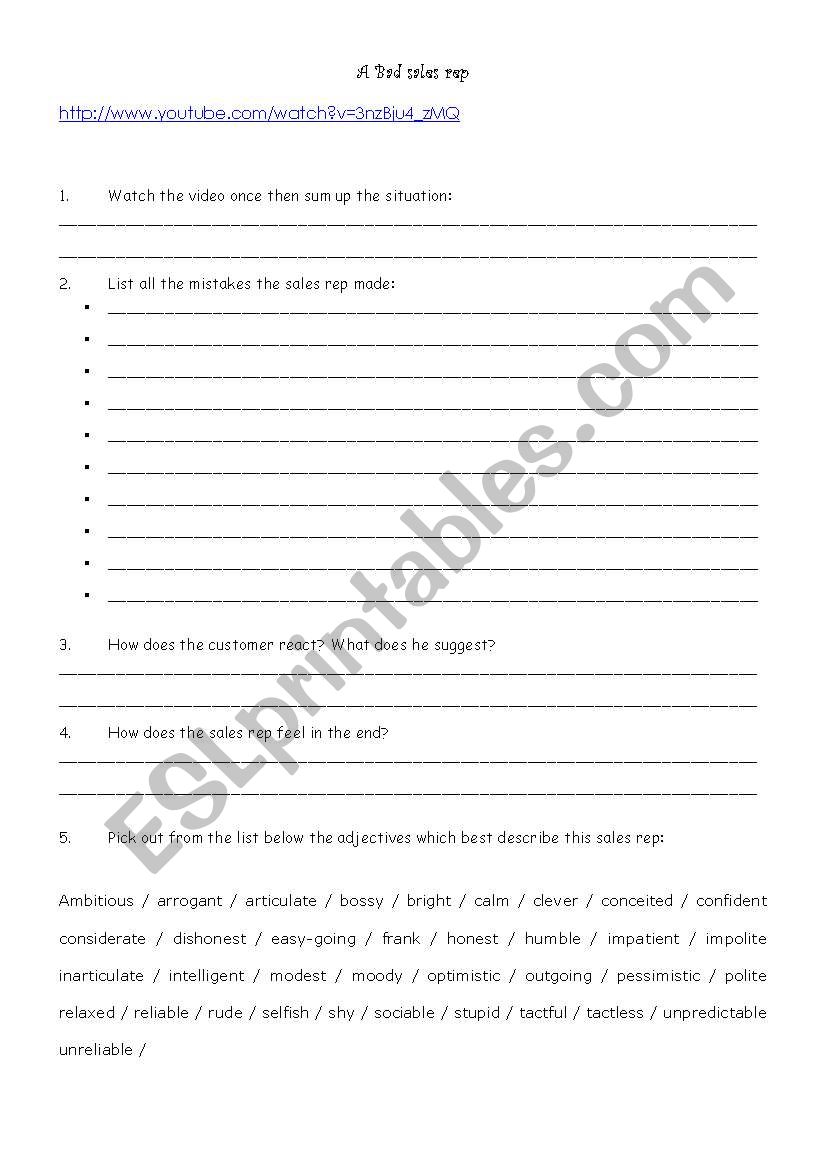 A bad sales rep worksheet