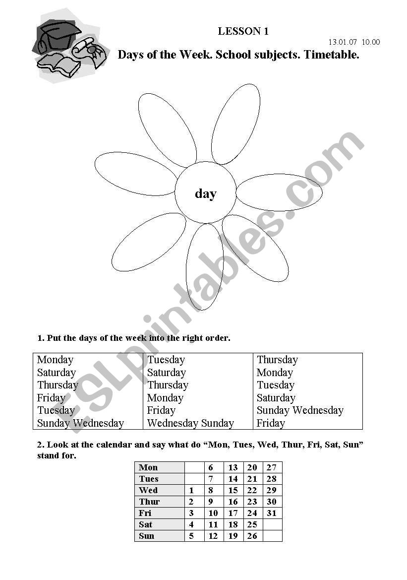 Days of the week. School subjects. Timetable.