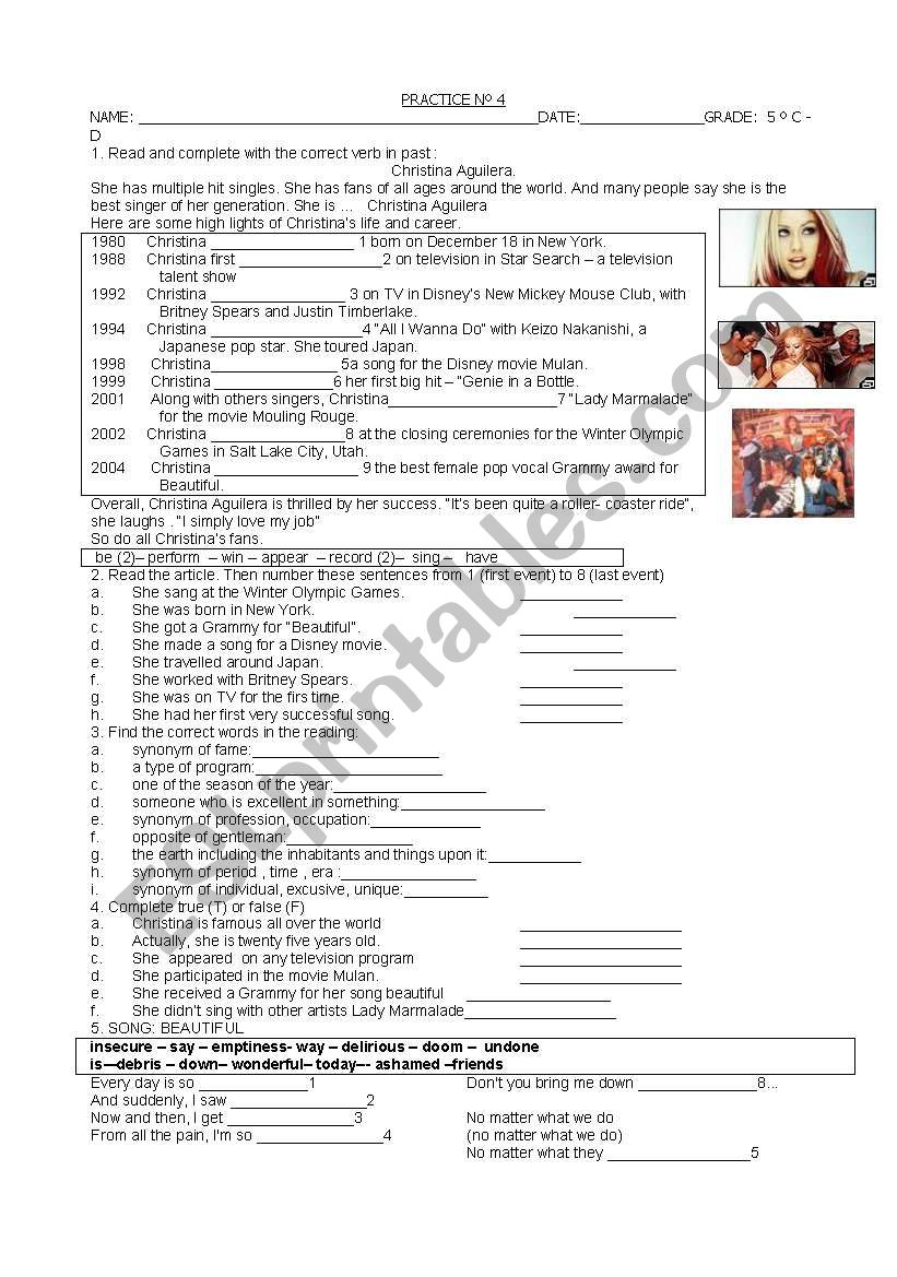 Christina Aguilera Biography worksheet