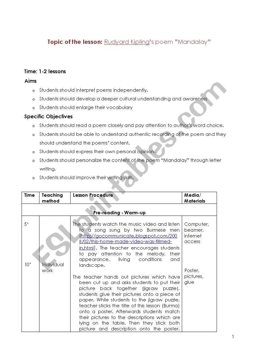 English worksheets Rudyard Kipling’s poem ”Mandalay”