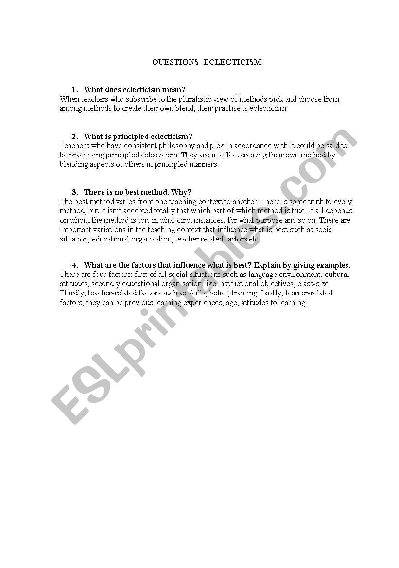 eclecticsm worksheet