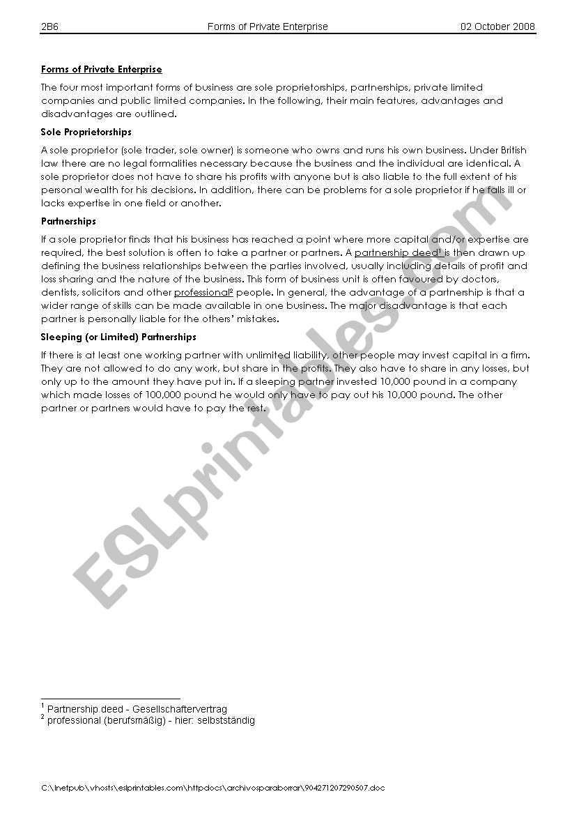Types of enterprises worksheet