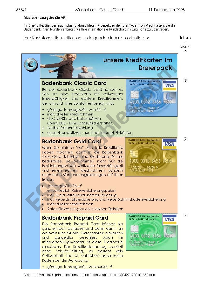 Mediation Kreditkarten worksheet