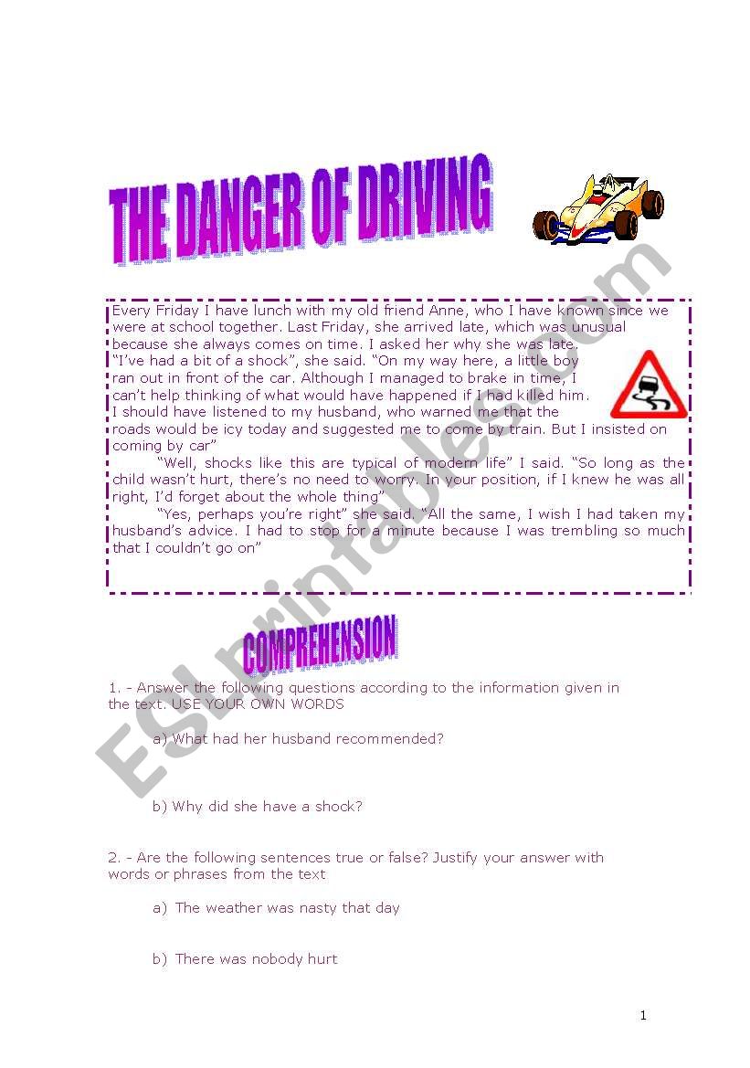 THE DANGER OF DRIVING worksheet