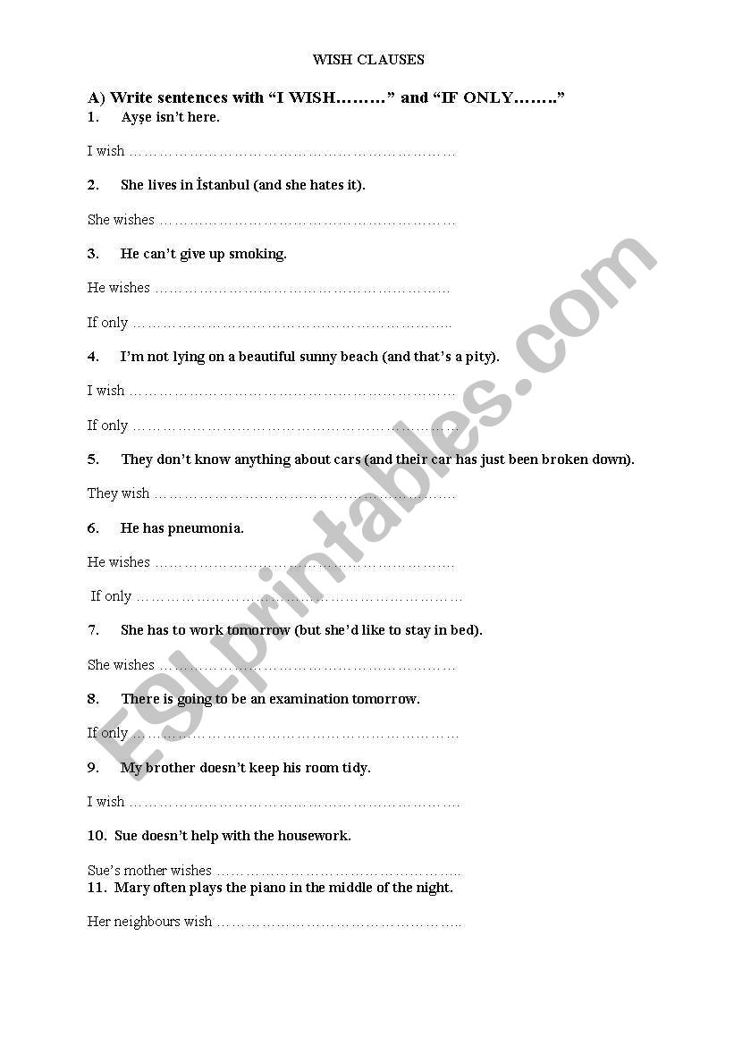 wish clauses worksheet