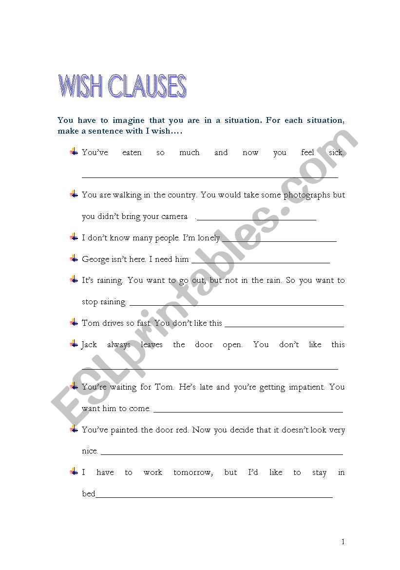 WISH CLAUSES worksheet