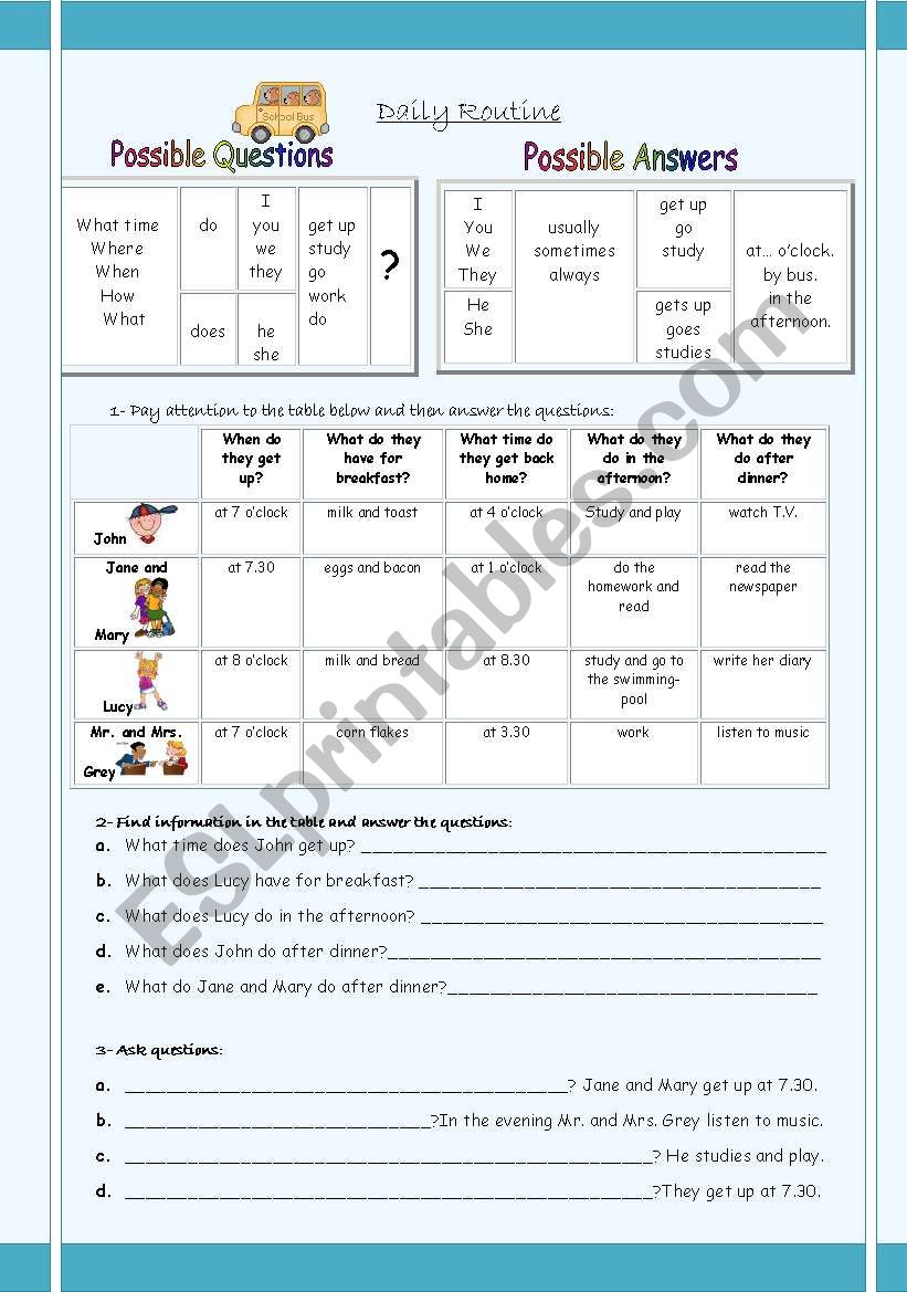 Daily routine- possible questions and answers- exercises- 2 pages