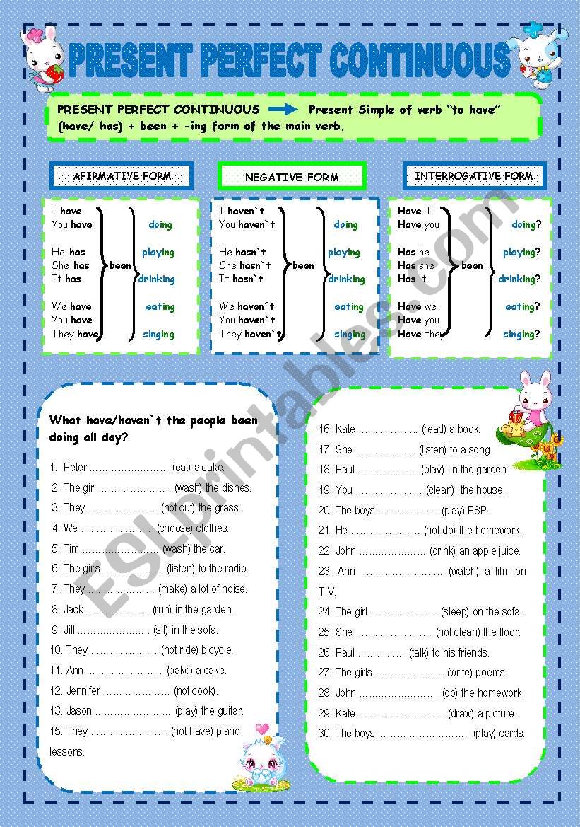 Present Perfect Continuous English Worksheets