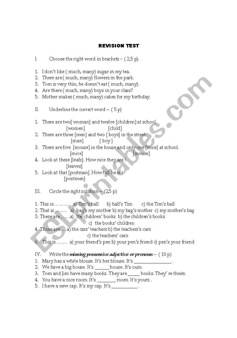 revision test worksheet