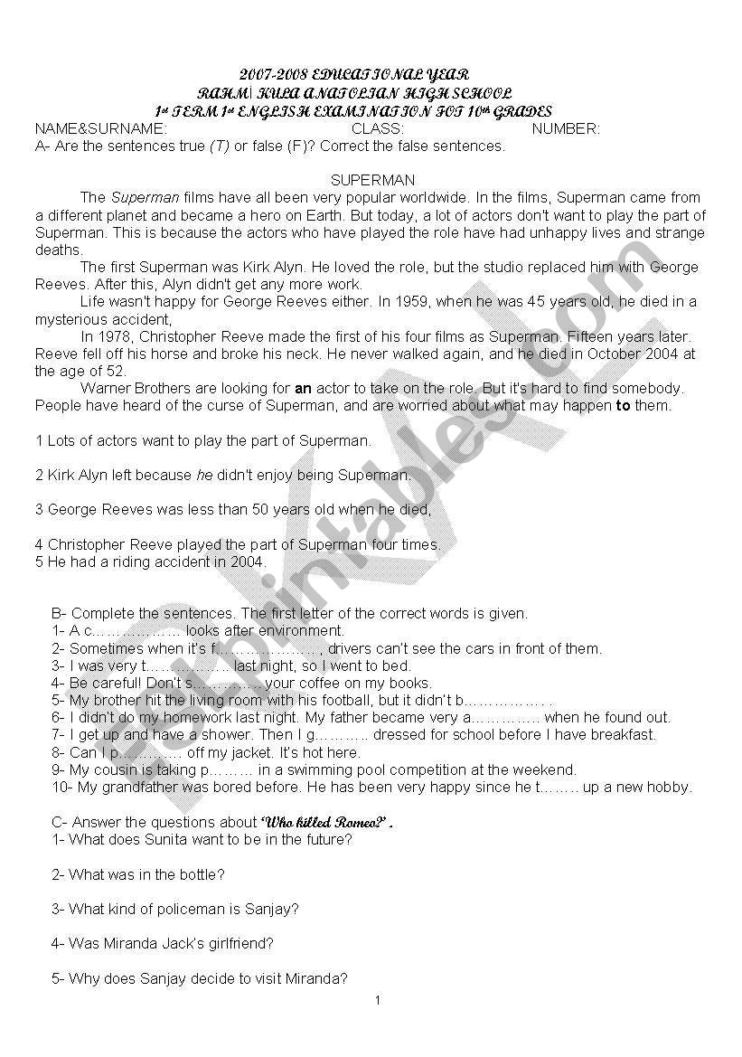 an exam sample worksheet