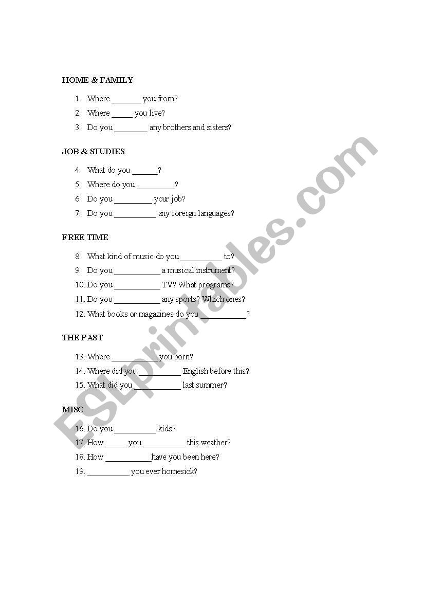 Introduction questions-fill in blank (pg 1 of 4)