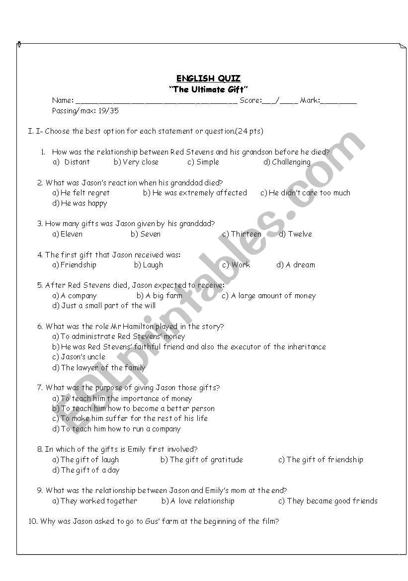 The ultimate gift worksheet worksheet