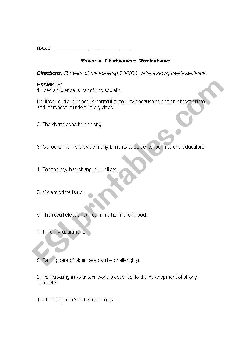 Thesis statements worksheet