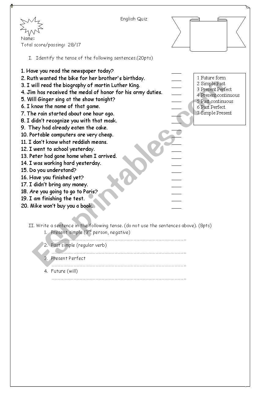 Tenses quiz worksheet