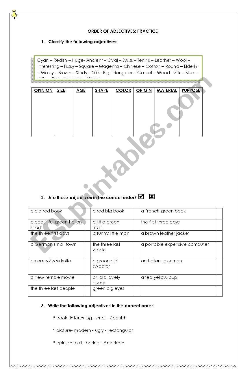 Adjective order worksheet