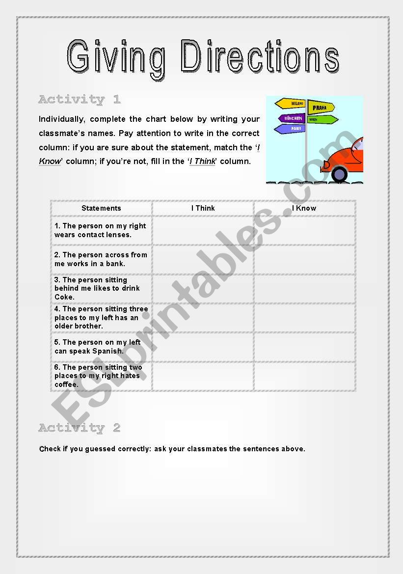 Giving directions worksheet