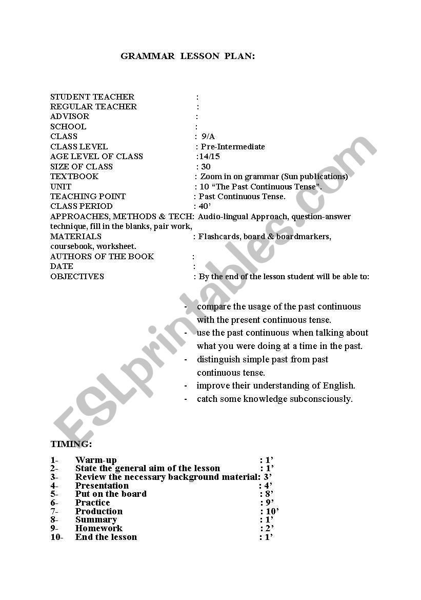 Past Continuous Lesson Plan worksheet