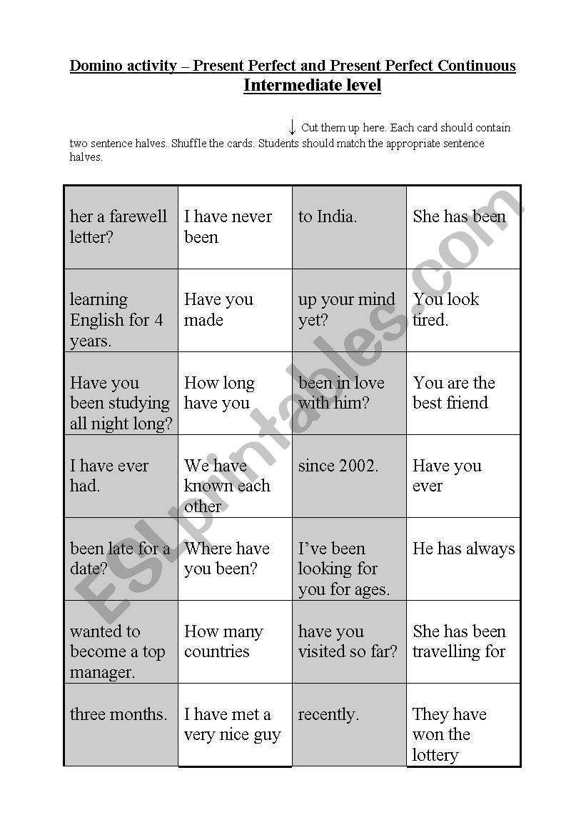 Domino activity (No. 8) - Present Perfect and Present Perfect Continuous