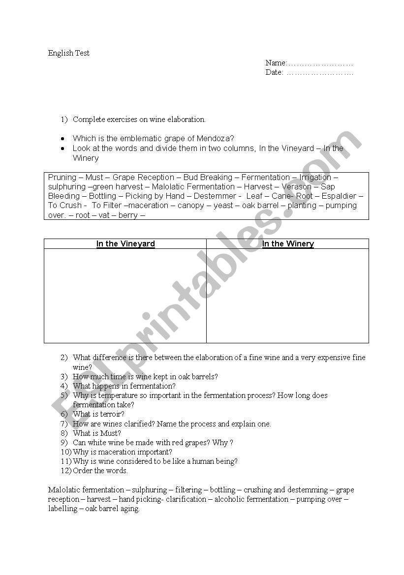 Wine Production - Quiz worksheet