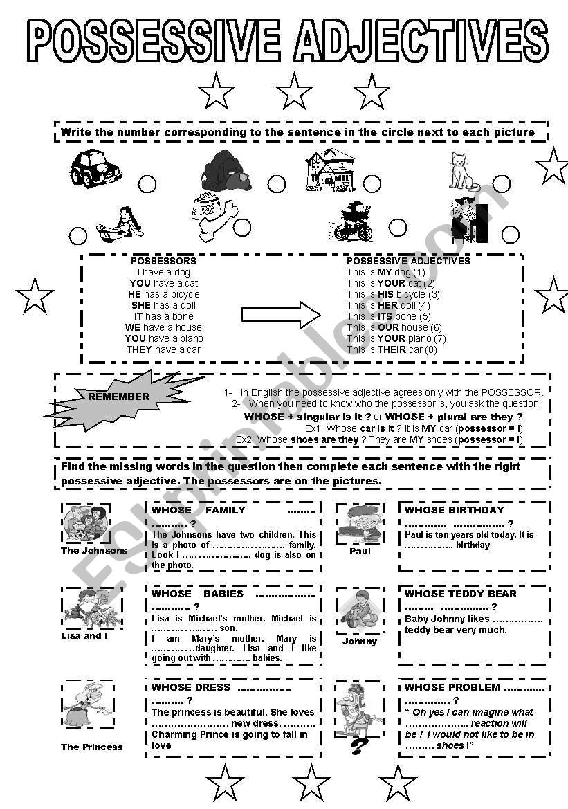 POSSESSIVE ADJECTIVES B&W worksheet