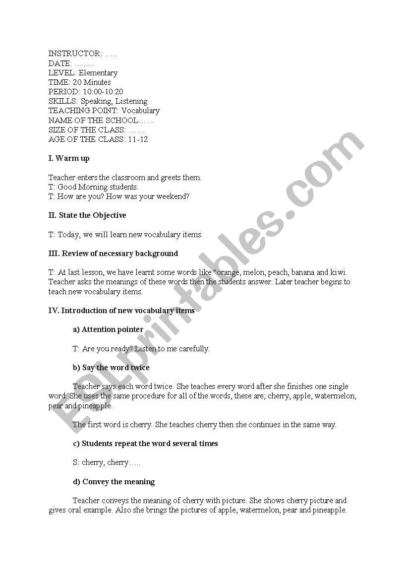 Vocabulary Lesson Plan  worksheet