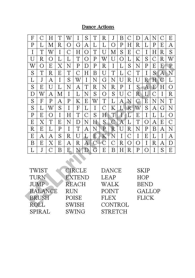 Dance Action Wordsearch worksheet