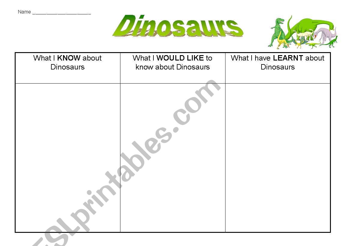 Dinosaurs KWL grid worksheet