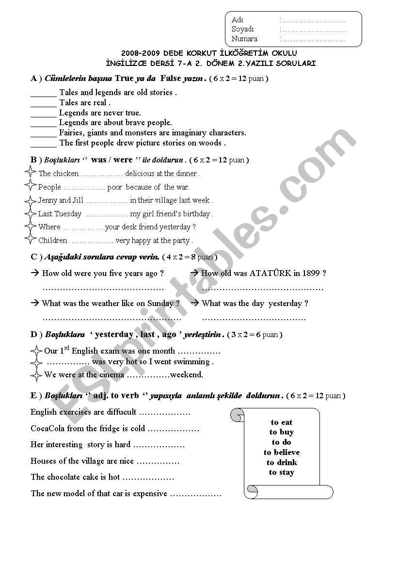 7th grade 2nd term 2nd exam worksheet