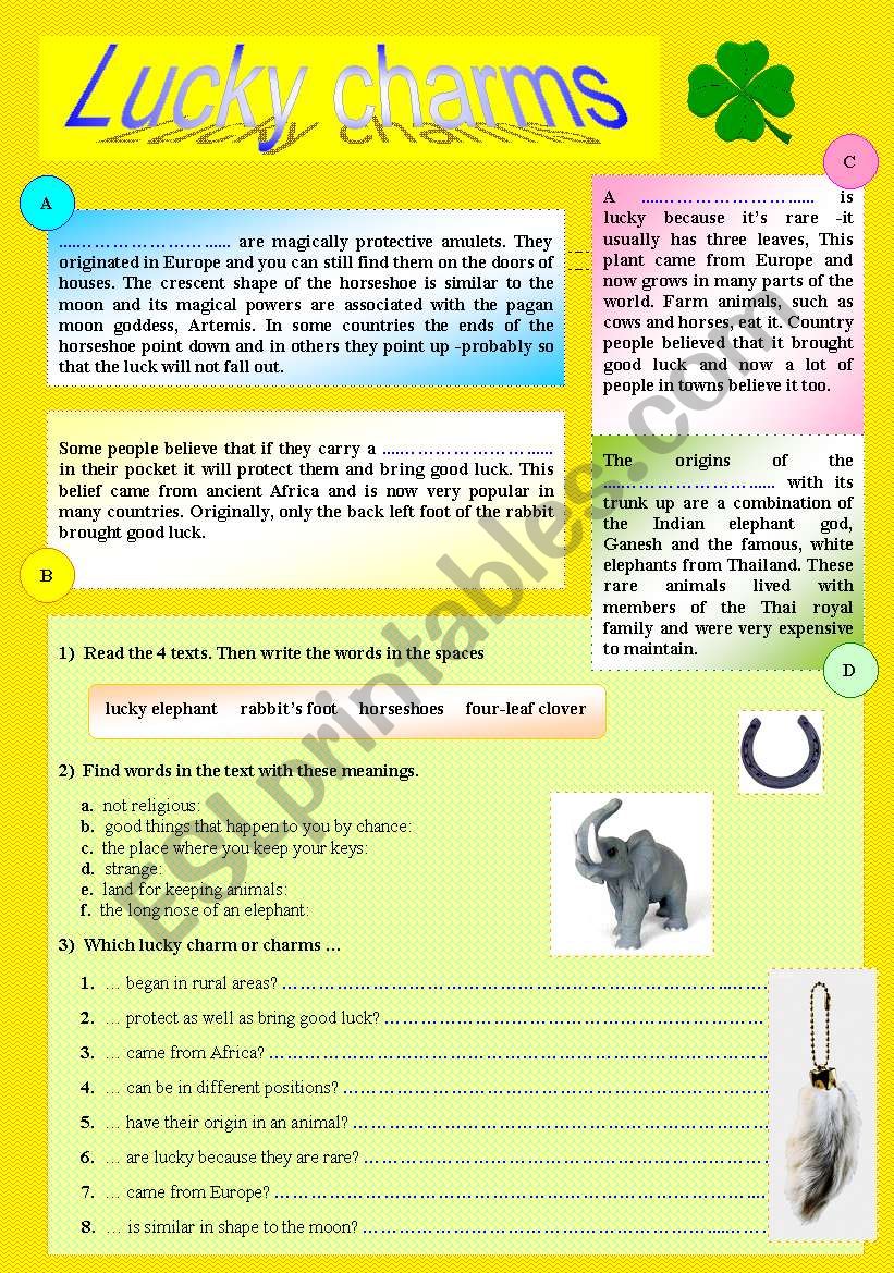 Lucky charms: Interesting reading on lucky charms + exercises (Key  included) - ESL worksheet by avidrox