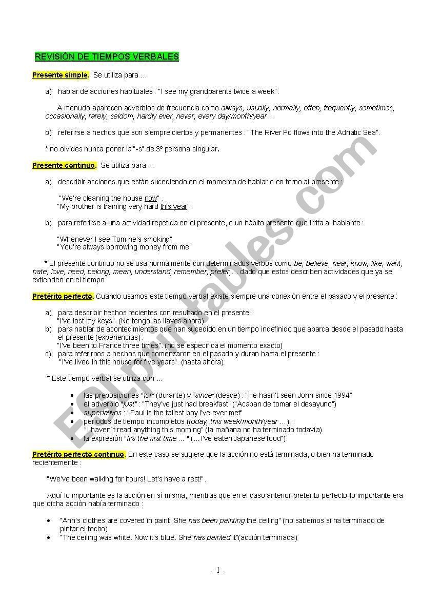 Verb Tenses (Uses) worksheet