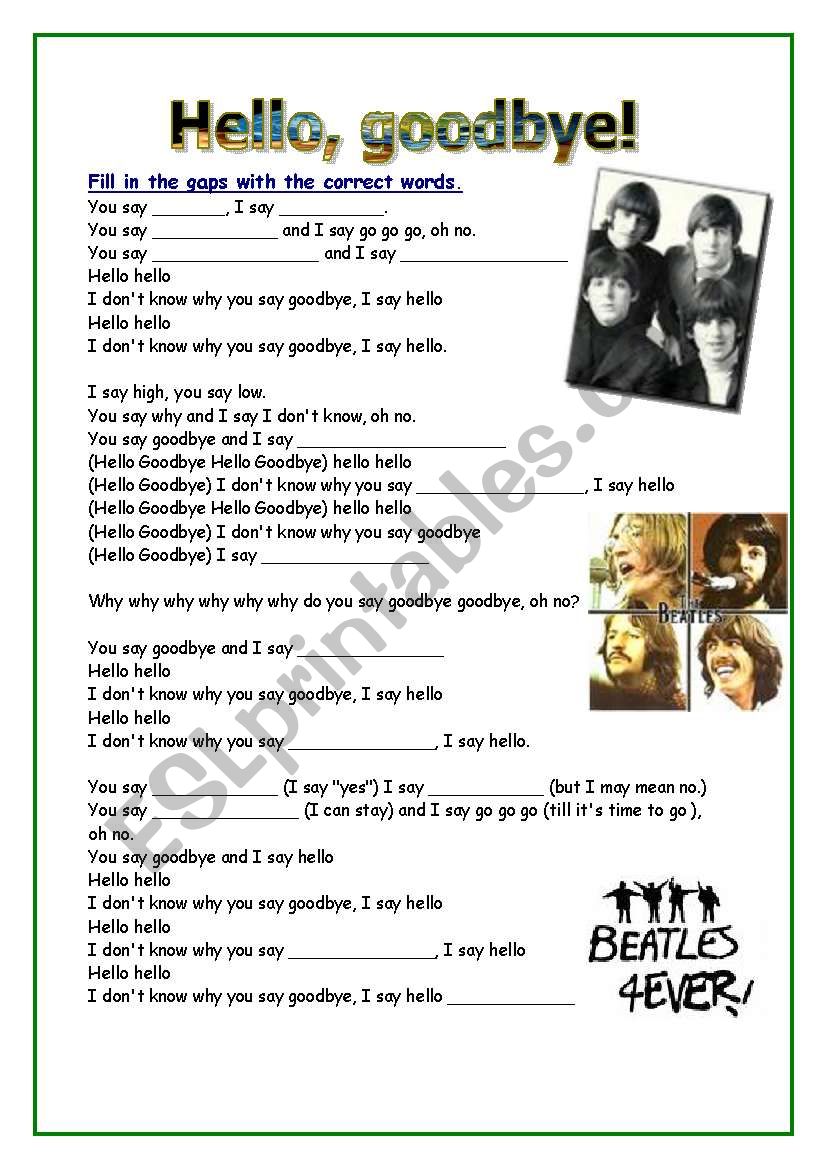 Hello goodbye song beatles worksheet