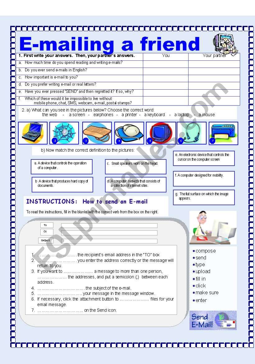 E-mailing a friend worksheet