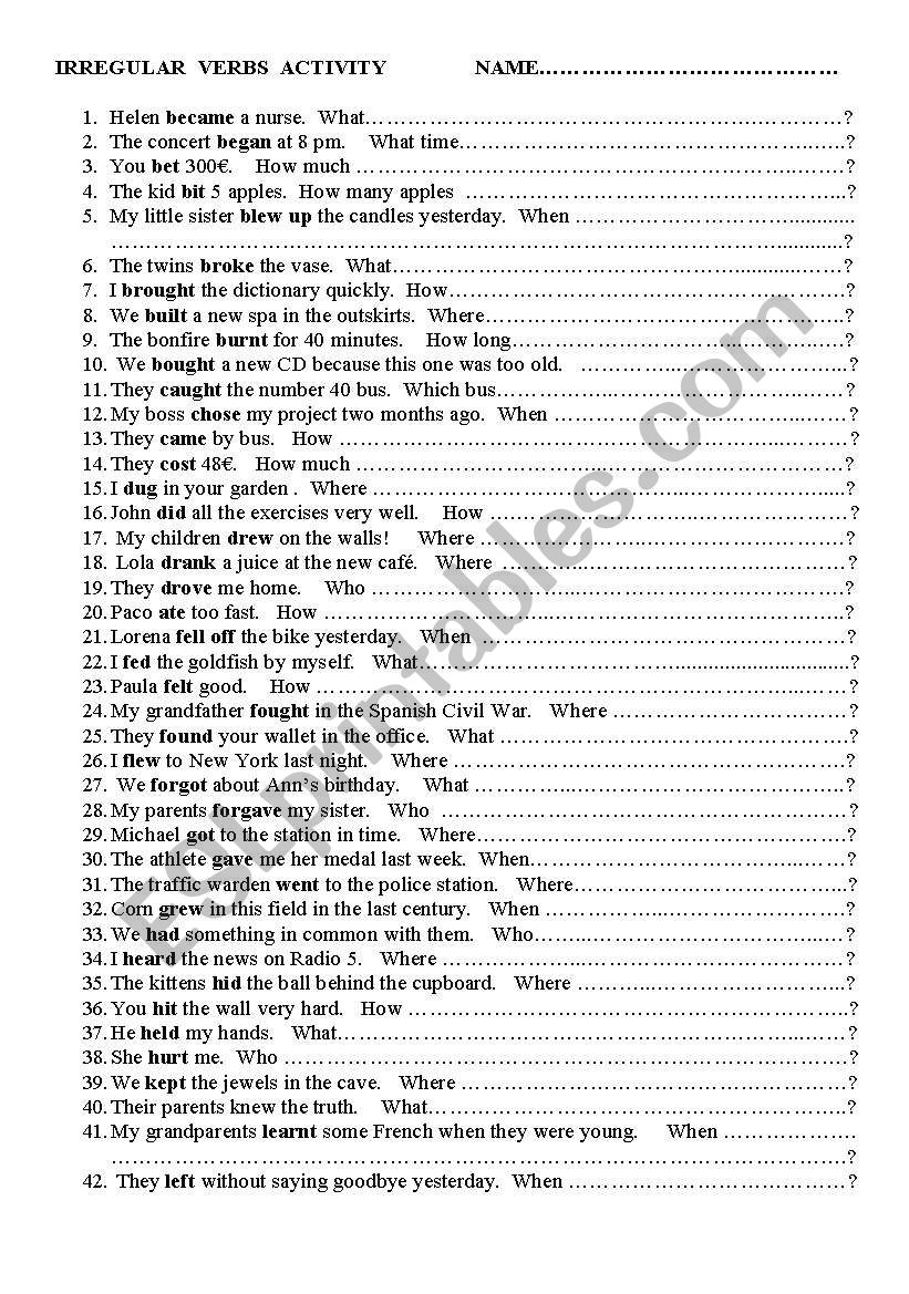 irregular verb  worksheet