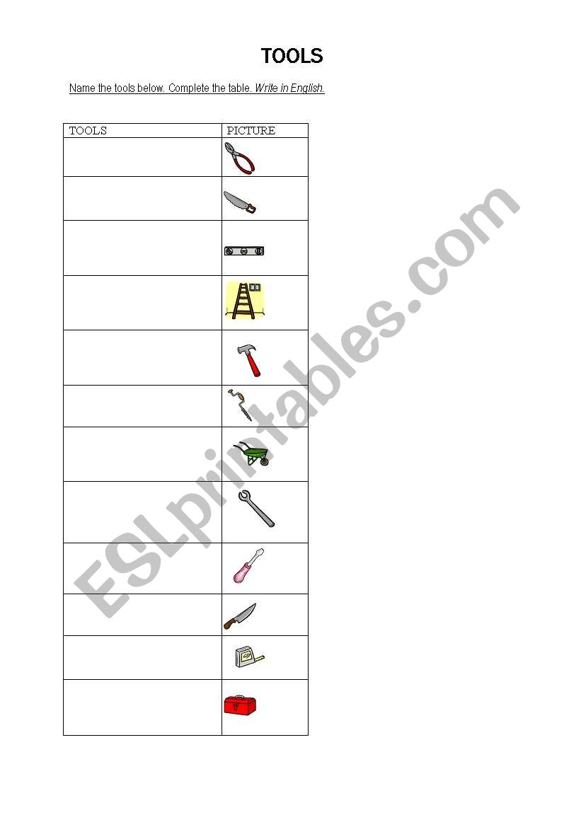 Tools - writing exercise worksheet