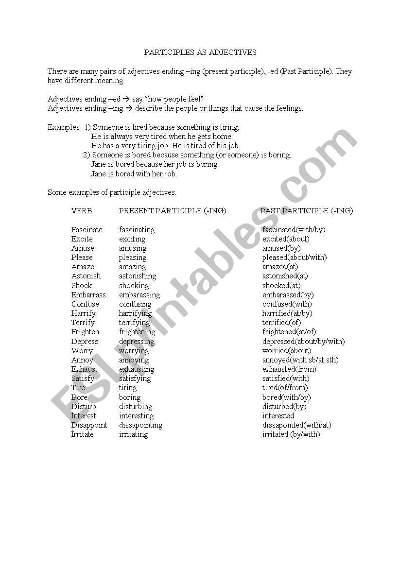 PARTICIPLES AS ADJECTIVES worksheet