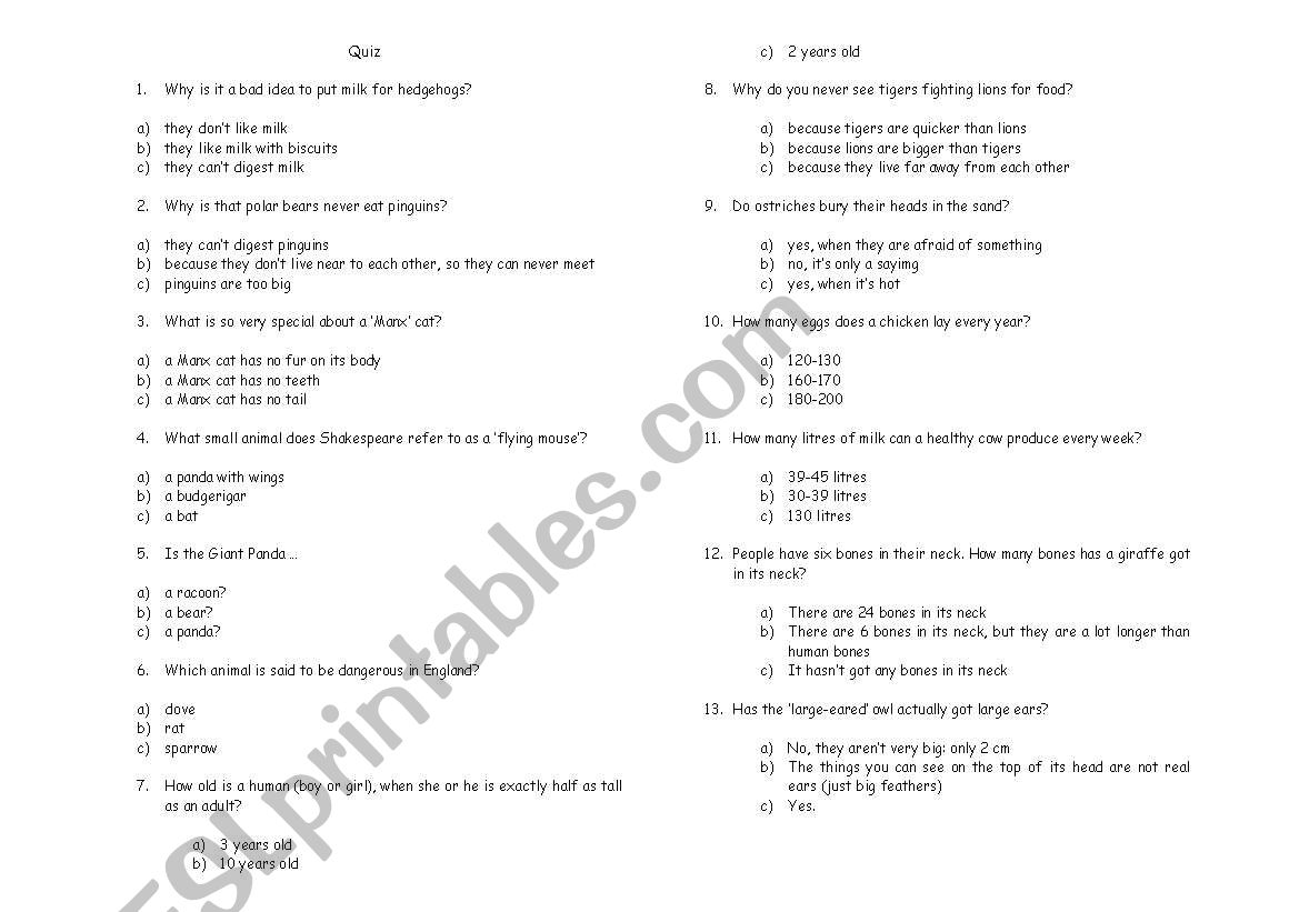 Quiz on animals worksheet