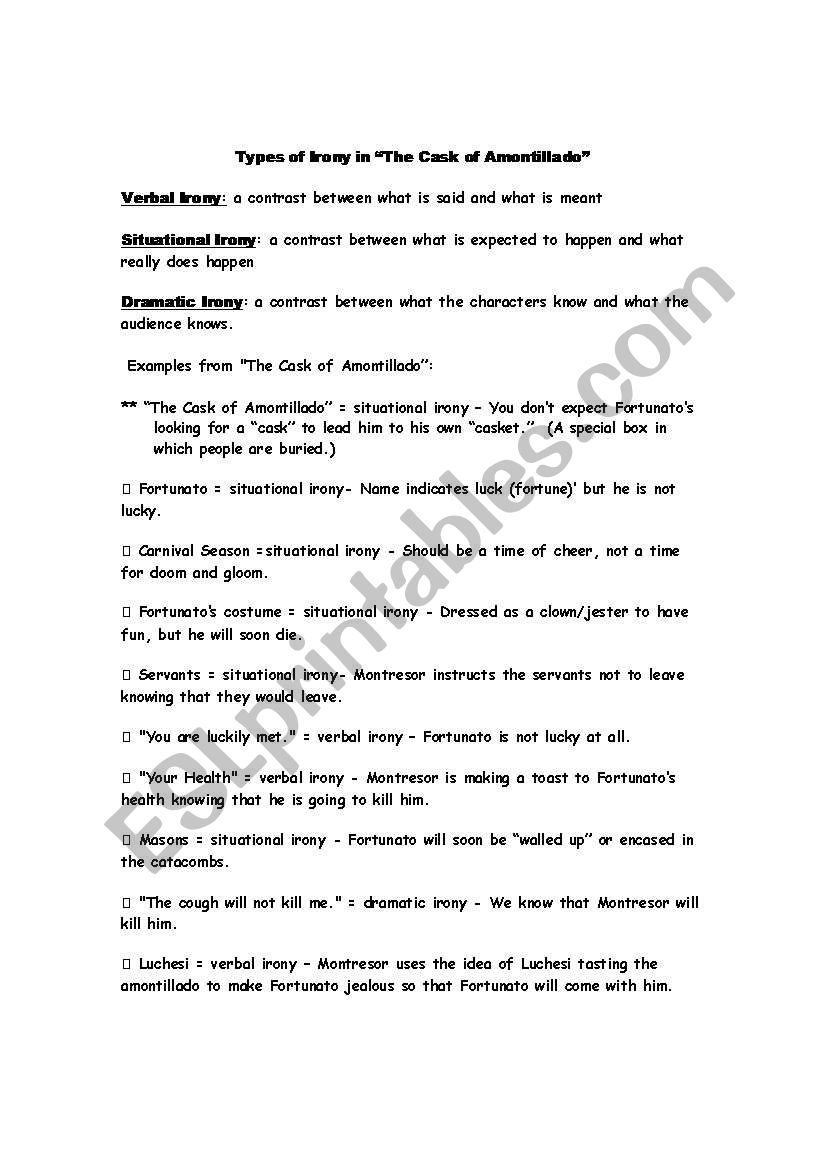 Irony in "The Cask of Amontillado" - ESL worksheet by Carla Horne Inside The Cask Of Amontillado Worksheet