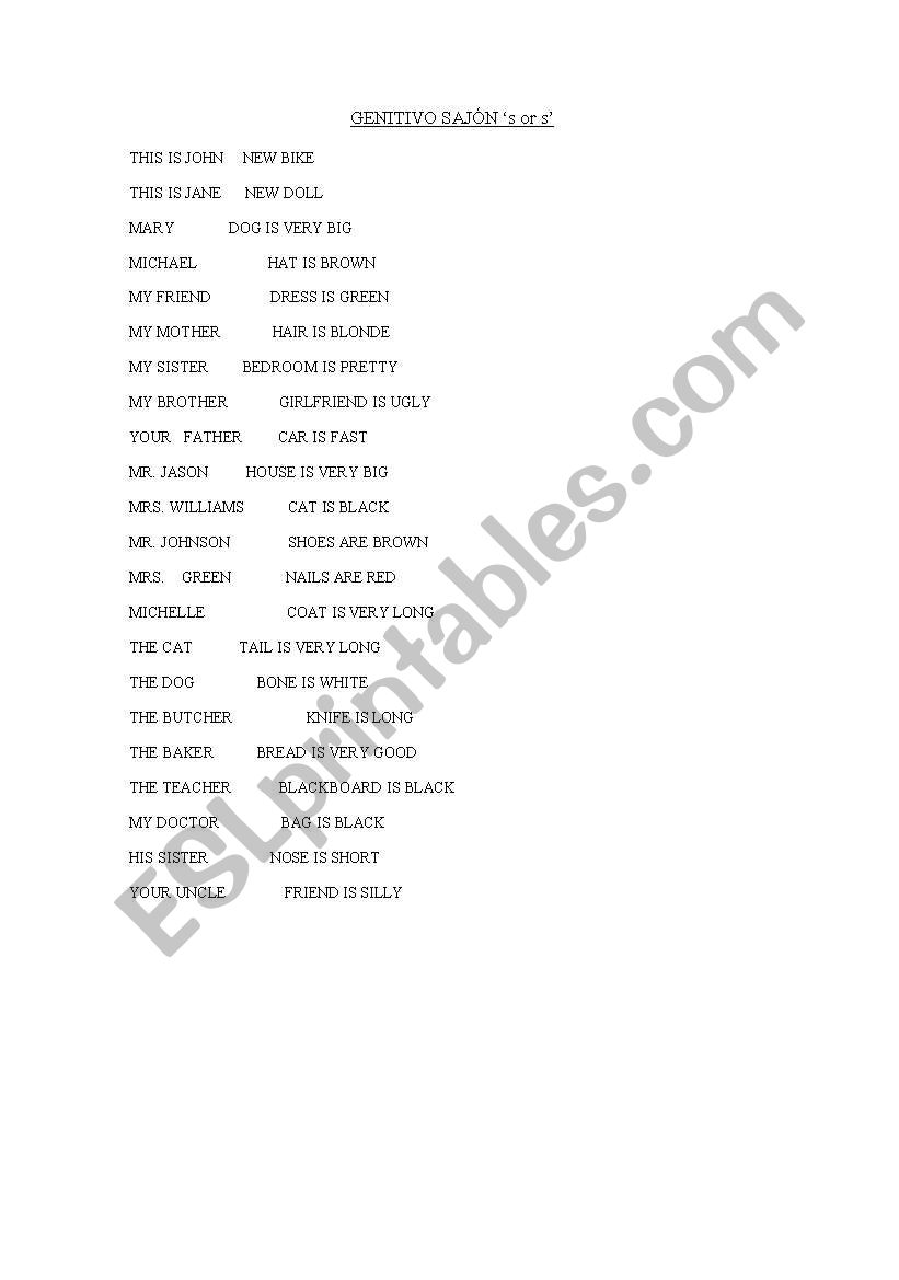 GENITIVE CASE S OR S worksheet