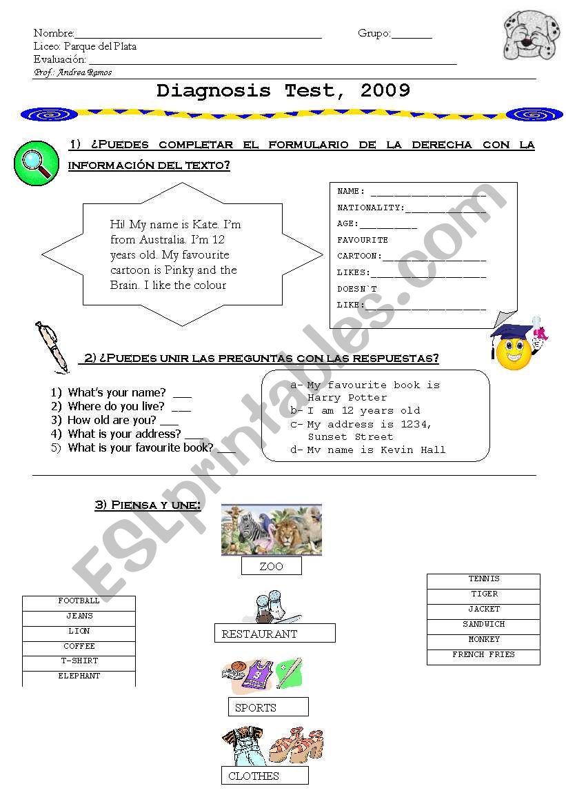 Diagnosis test worksheet