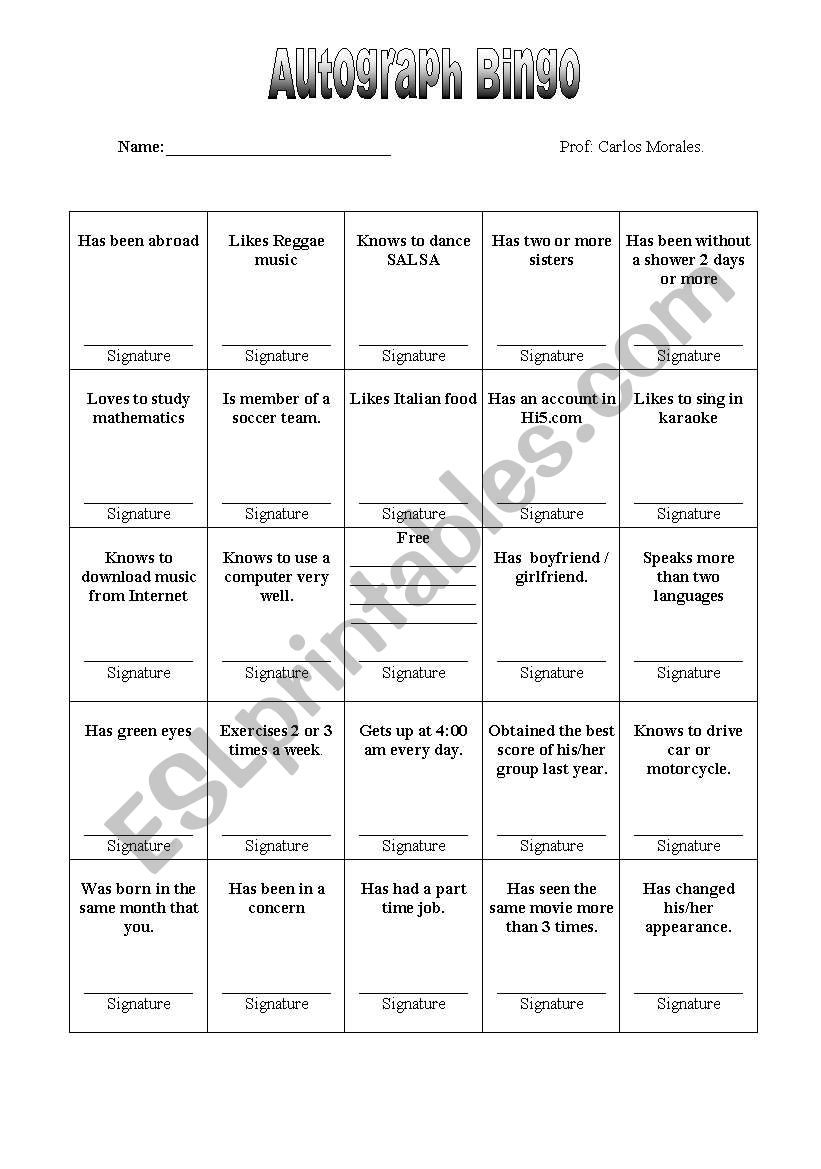 Antograph Bingo worksheet
