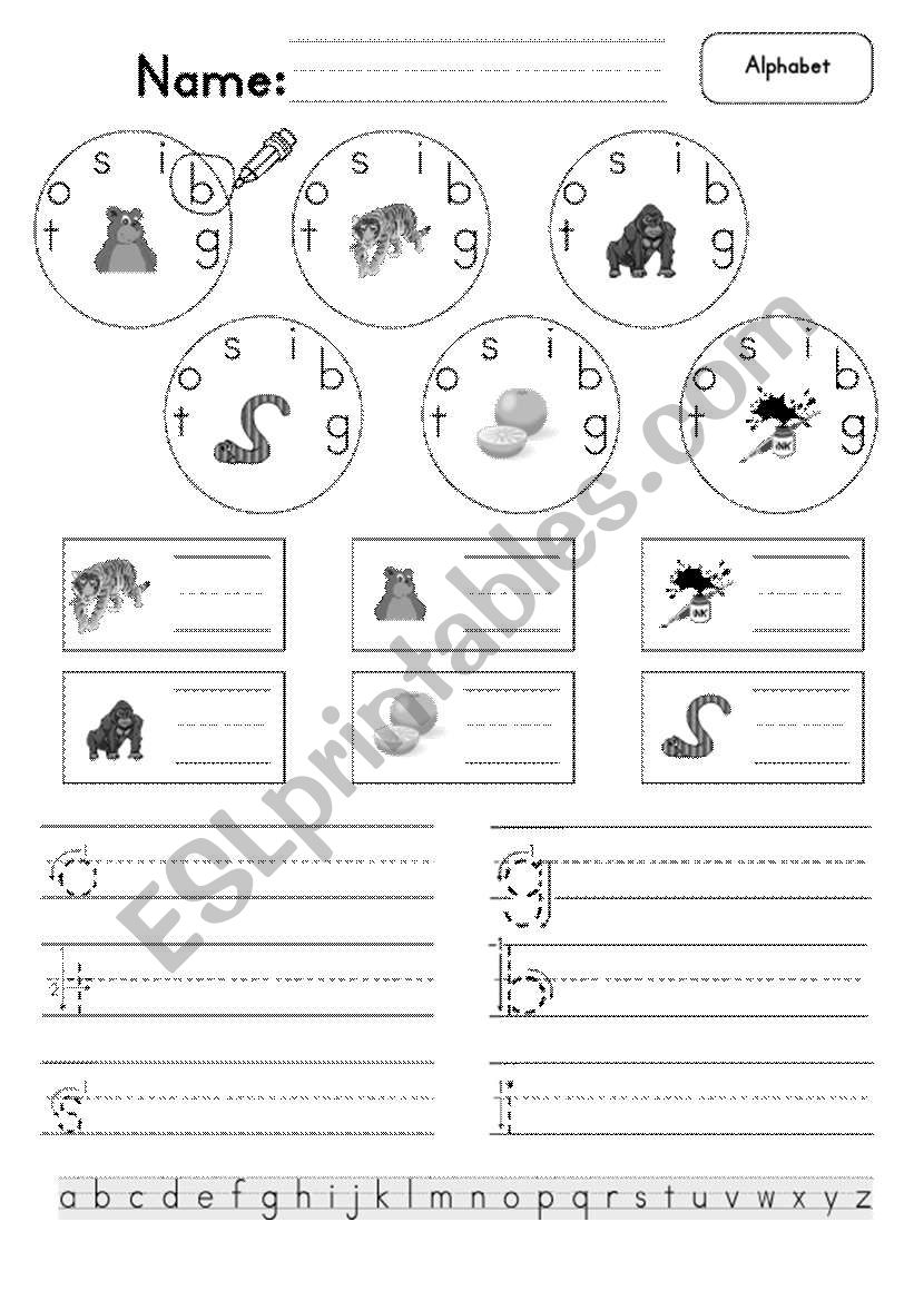 Alphabet teaching b,t,g,s,o,i worksheet