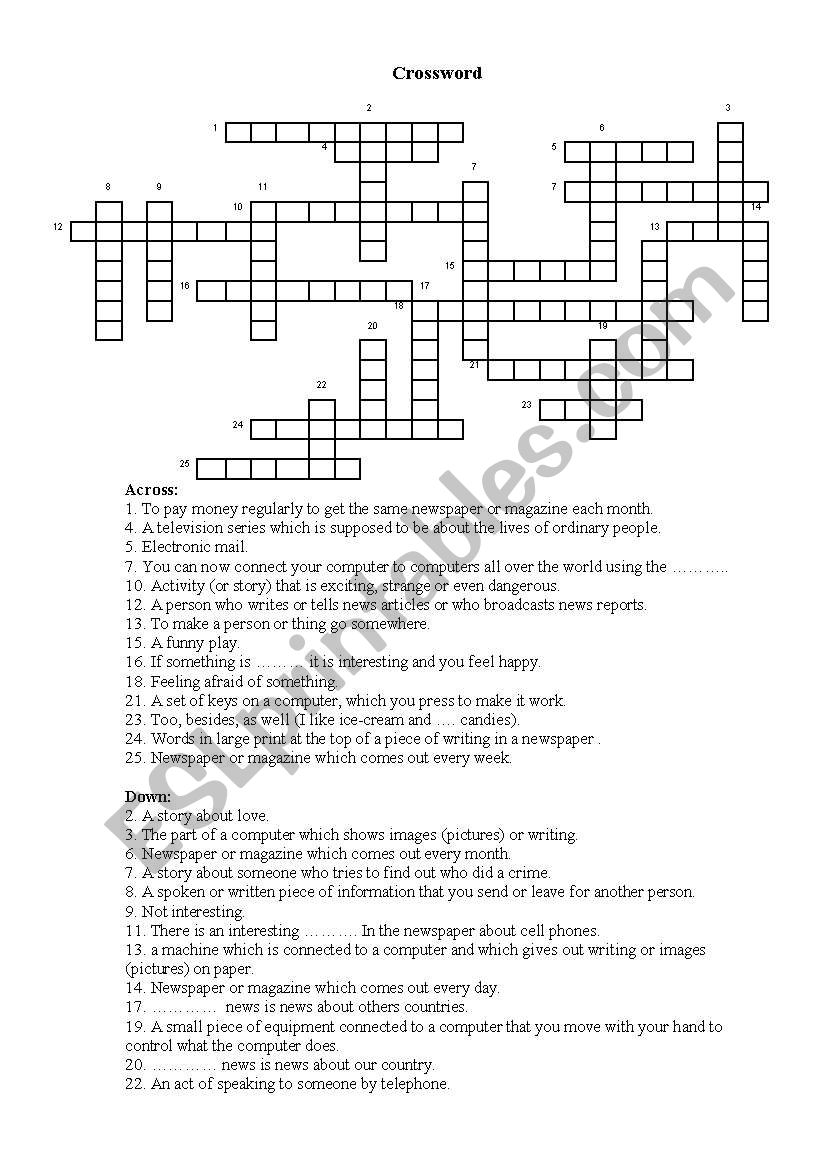 Crossword on Mass Media worksheet