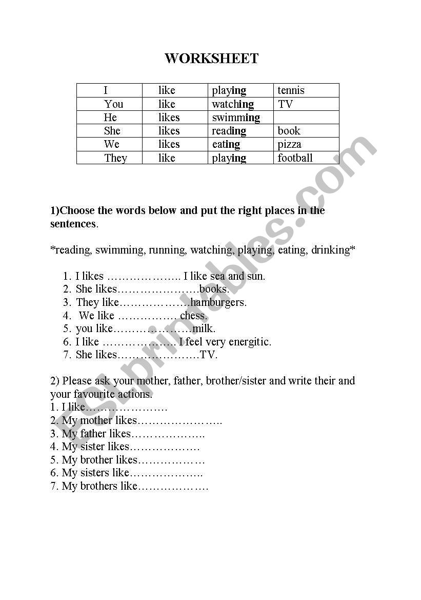 likes worksheet