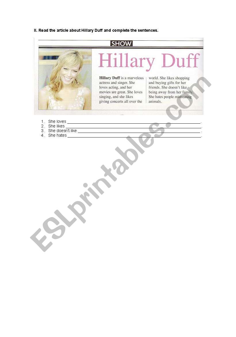 Hillary Duff Likes worksheet