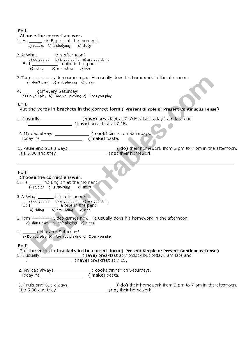 Short tests -present continuous vs. present simple tense