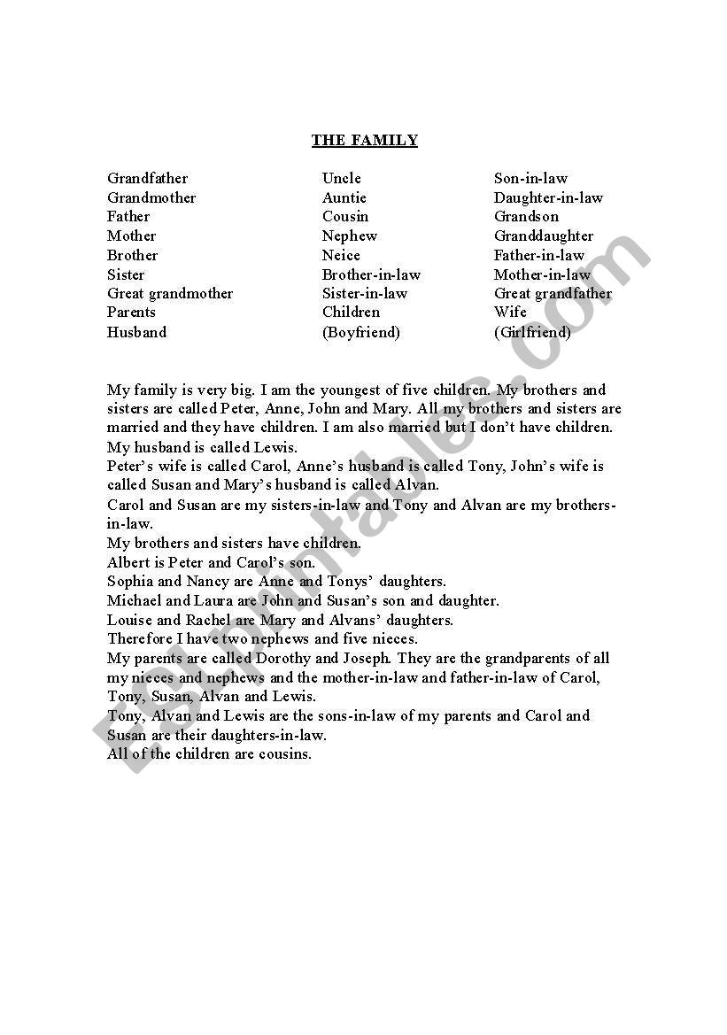 THE FAMILY worksheet